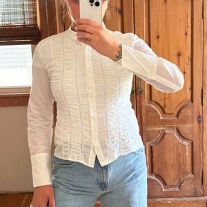 Neiman Marcus Exclusive White 100% Cotton Button and Ruffled Blouse Medium A20